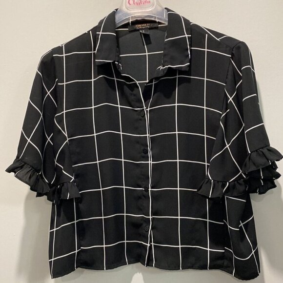 Black White Plaid Button Down Ruffle Sleeve Blouse SZ Medium - Picture 5 of 14